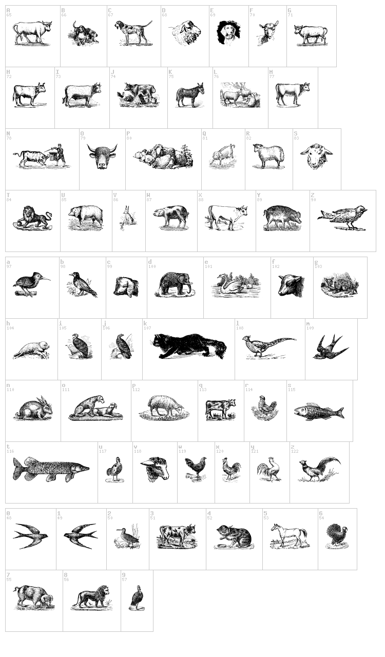 Animals Old Cuts font map
